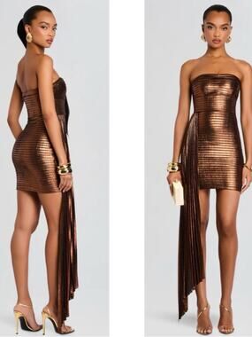 RETROFETE Marcy Strapless Pleated Ruched Draped Metallic Brown Mini Dress Sz XL